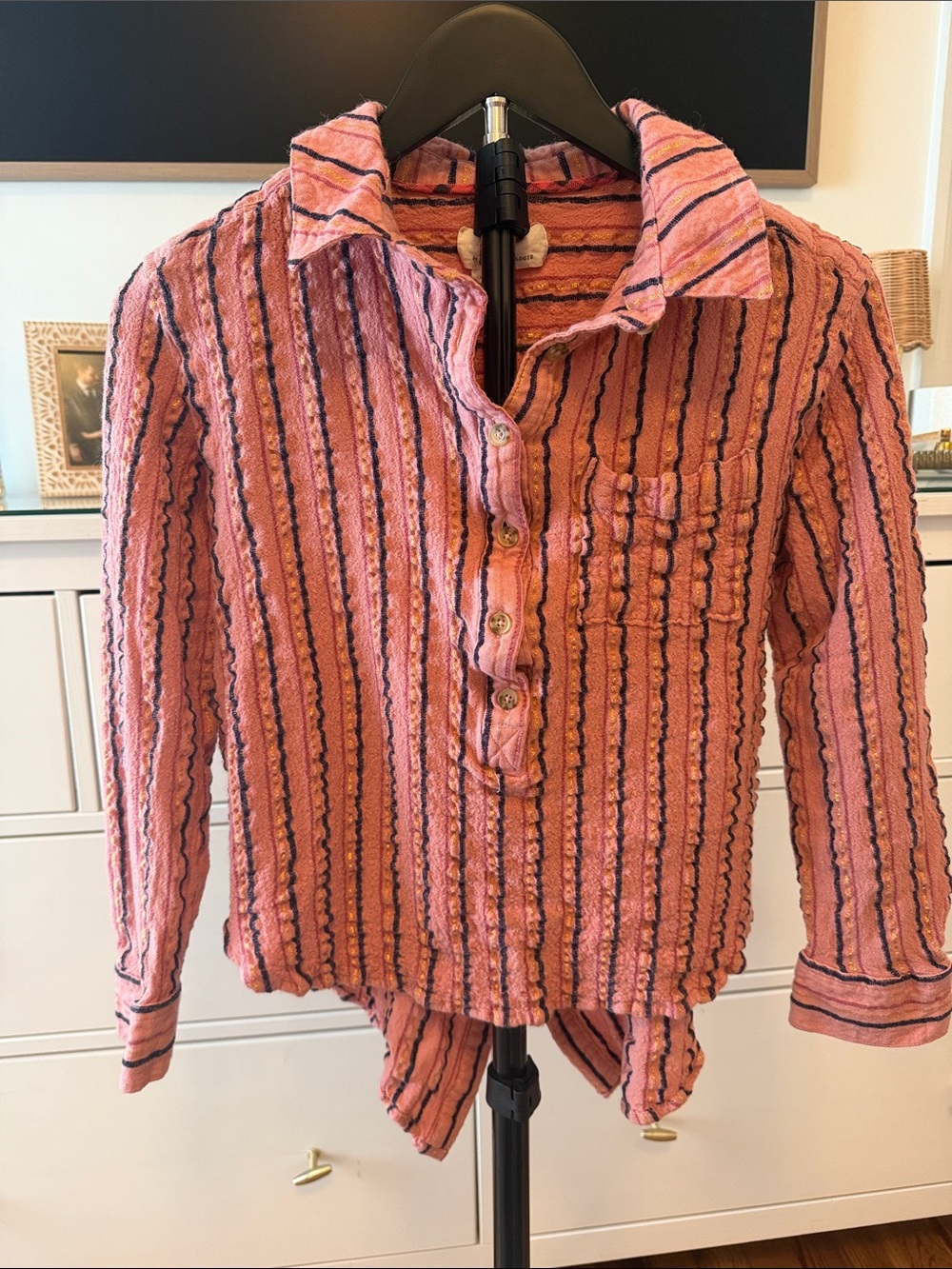 Textured Pink Striped Button-Up Shirt